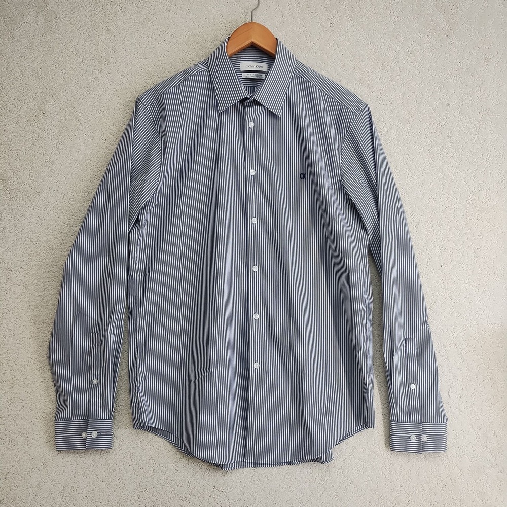 Calvin Klein Dress Shirt Mens M Slim Fit Striped Blue White Button Down Collar